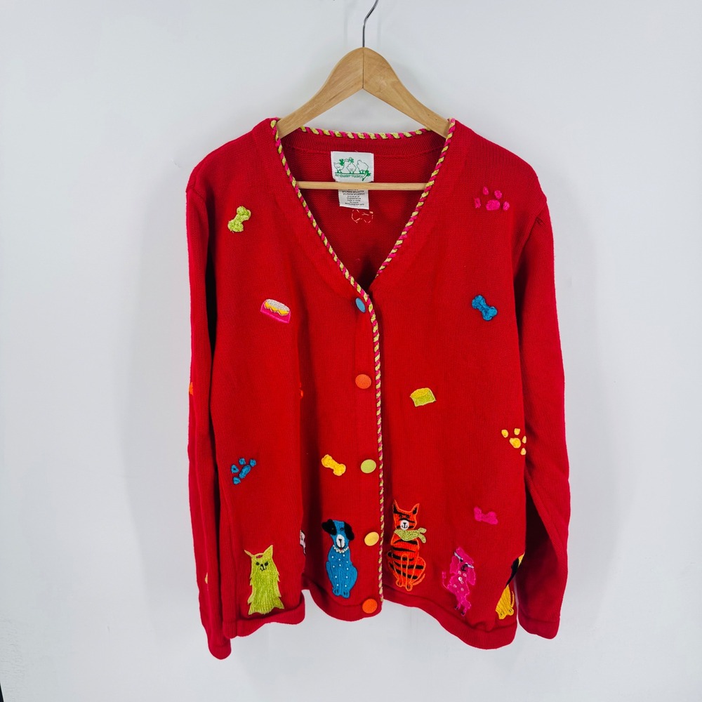 Vintage Quaker Factory Novelty 3D KnitDog Cat Applique Knit Cardigan Red Size L‎